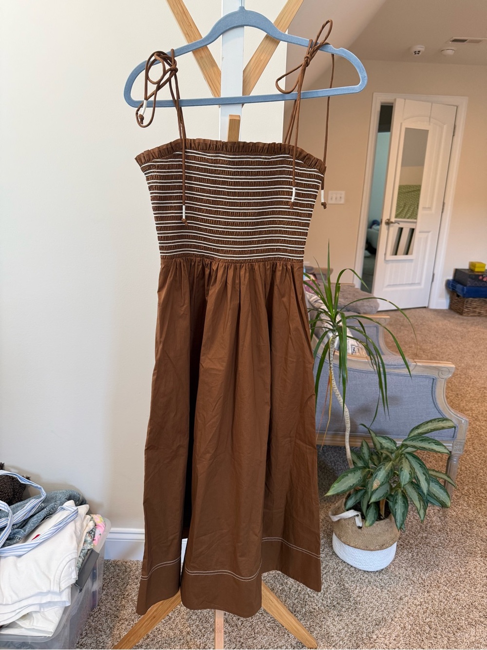Veronica Beard Brown Smocked Sundress with Tie Straps